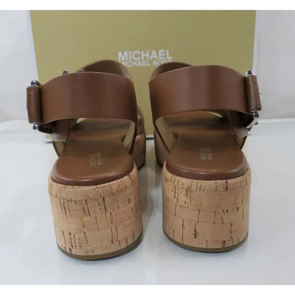 Michael Kors Colby Flatform Wedge Sandal Leather Luggage Light Brown